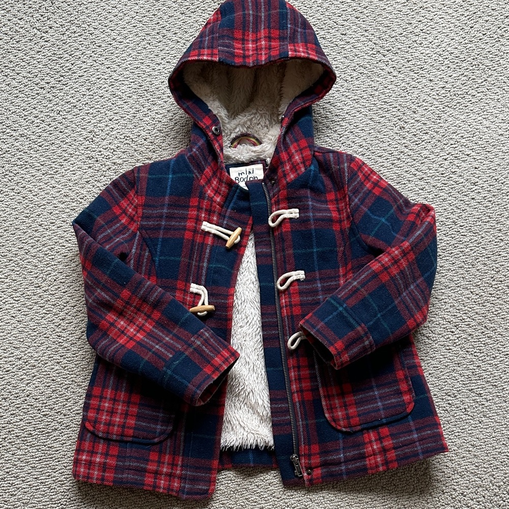 Mini Boden Red and Blue Plaid Toggle Coat 7/8